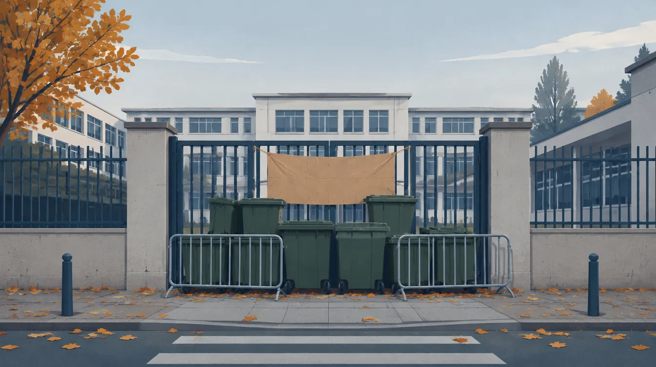 Illustration : grille d'un lycée fermée, bloquée par des poubelles et des barrières métalliques, sous un ciel d'automne